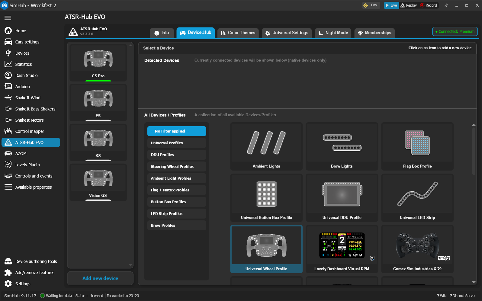 The ATSR-Hub EVO Device Trait tab with the Universal Wheel Profile selected