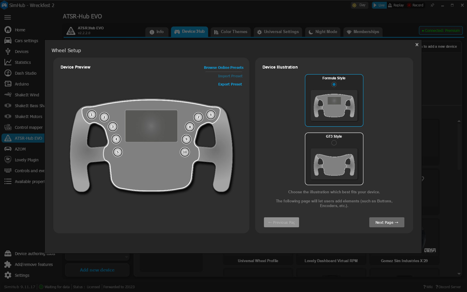 The Wheel Setup dialog showing Import Wheel and the Formula / GT3 illustration choice