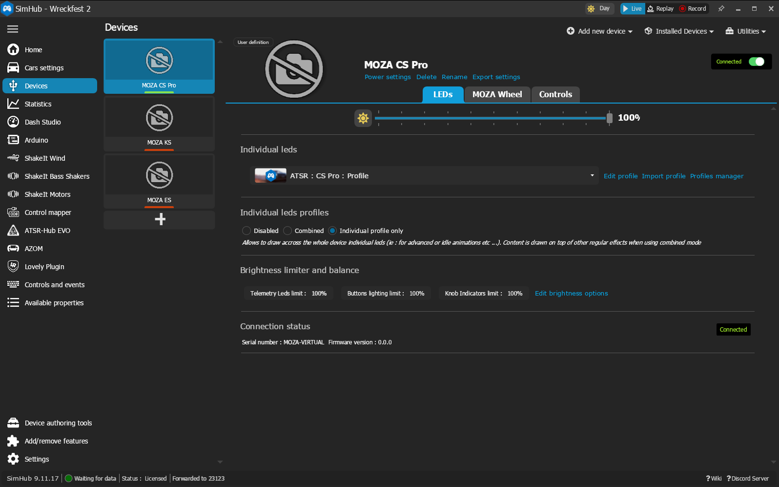 The MOZA wheel LEDs tab with the imported ATSR profile under Individual leds
