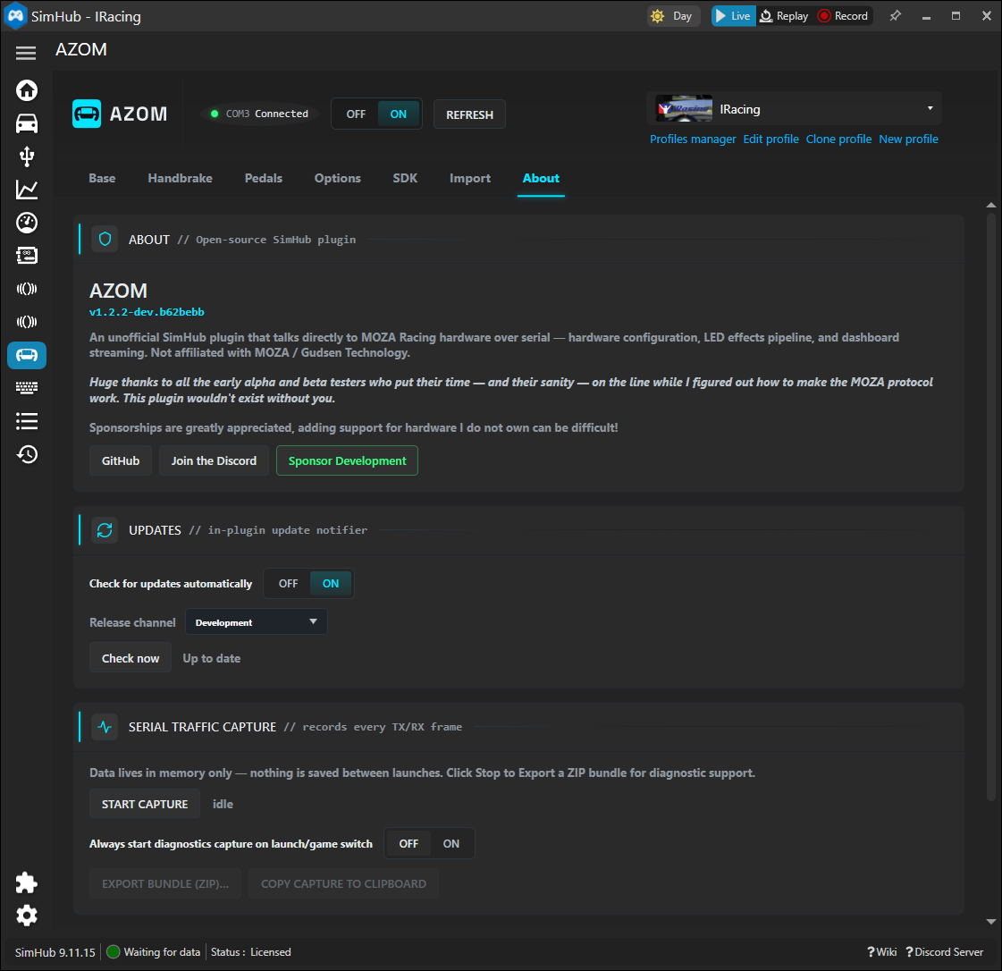 The AZOM About tab showing version, update channel and serial traffic capture