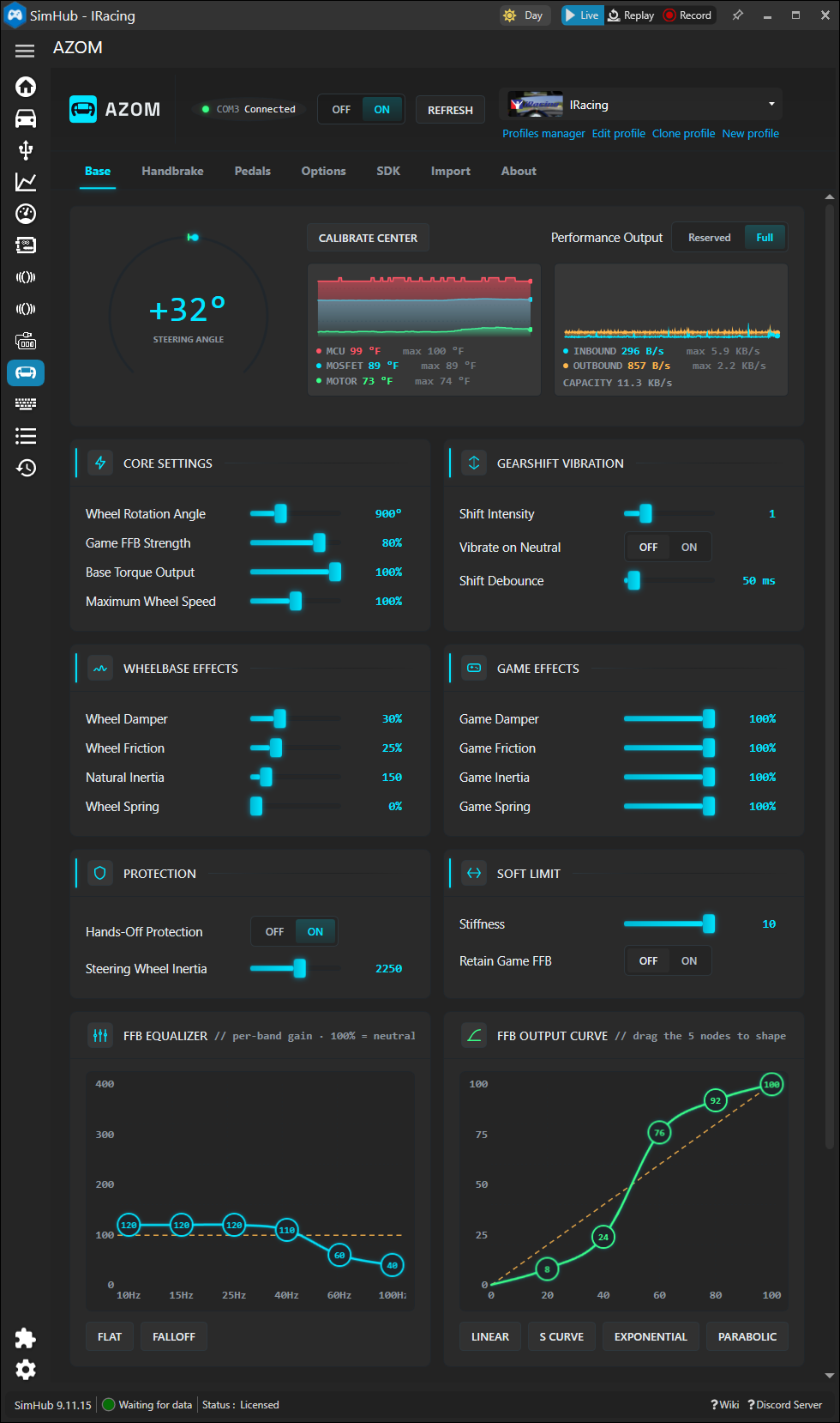 The AZOM plugin panel inside SimHub, showing steering angle, temperatures, FFB settings, equalizer and output curve