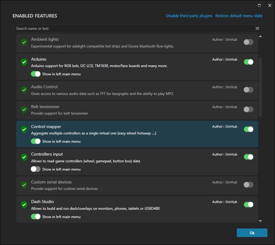SimHub's enabled-features dialog with Control mapper switched on