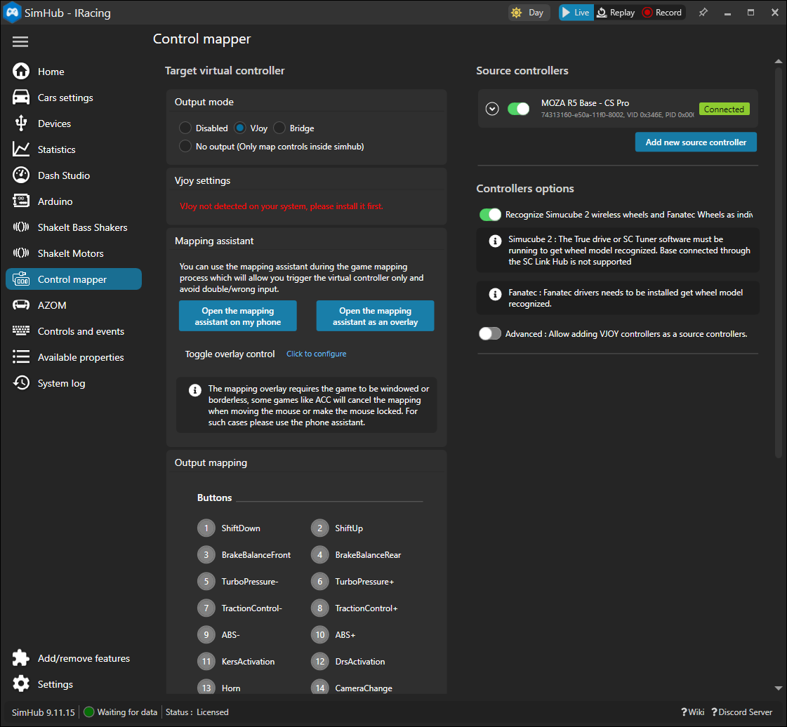 The Control mapper page showing the target virtual controller and connected source controller