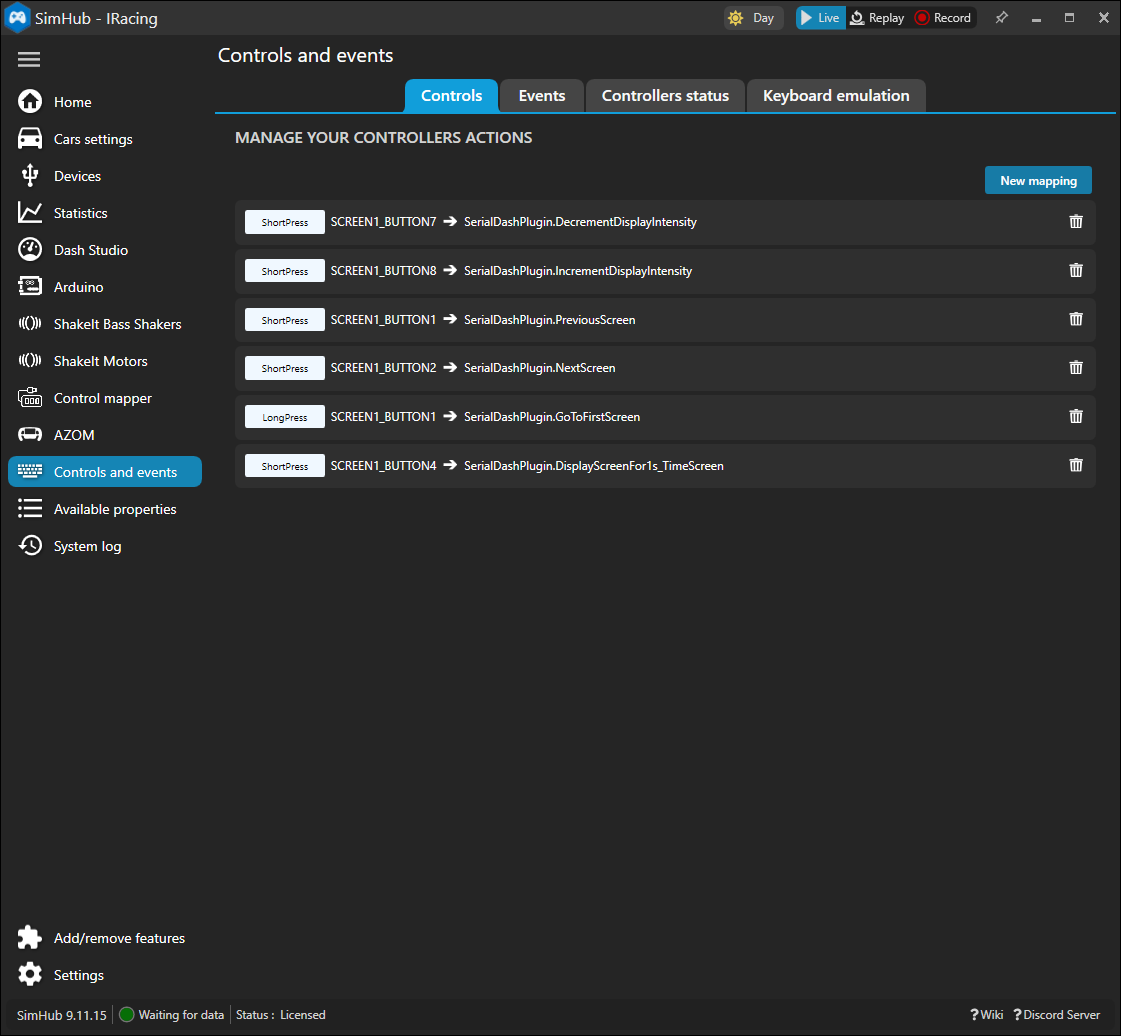 Wheel buttons mapped to AZOM actions in SimHub's Controls and events