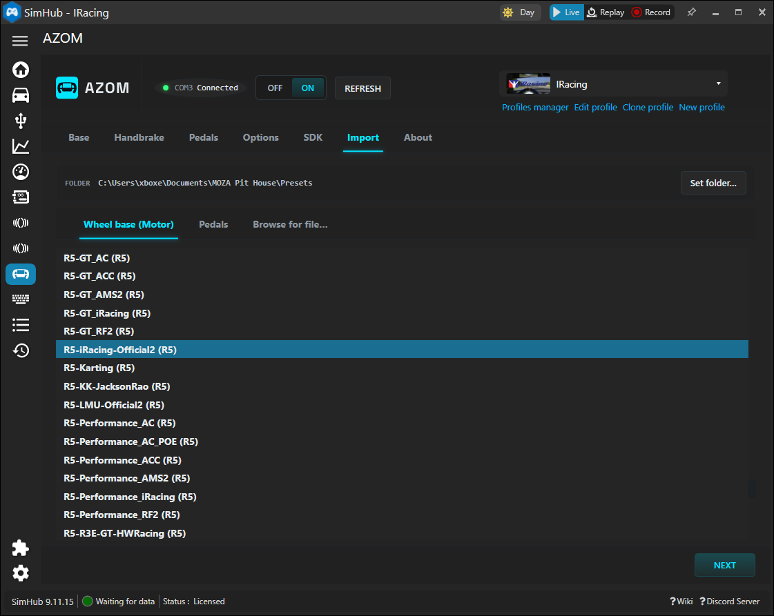The AZOM Import tab listing wheel base presets from the Pit House folder