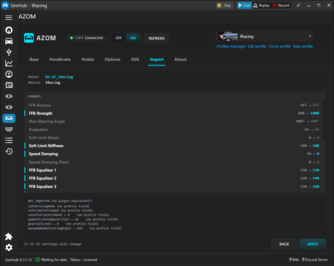 The AZOM import review screen showing a diff of settings that will change