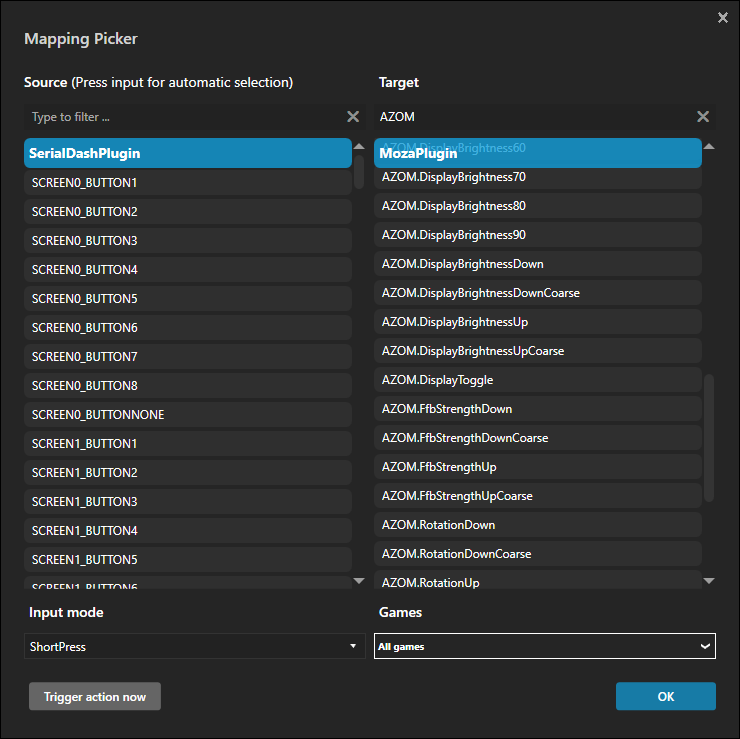 The Mapping Picker dialog with a wheel input as source and AZOM actions as target