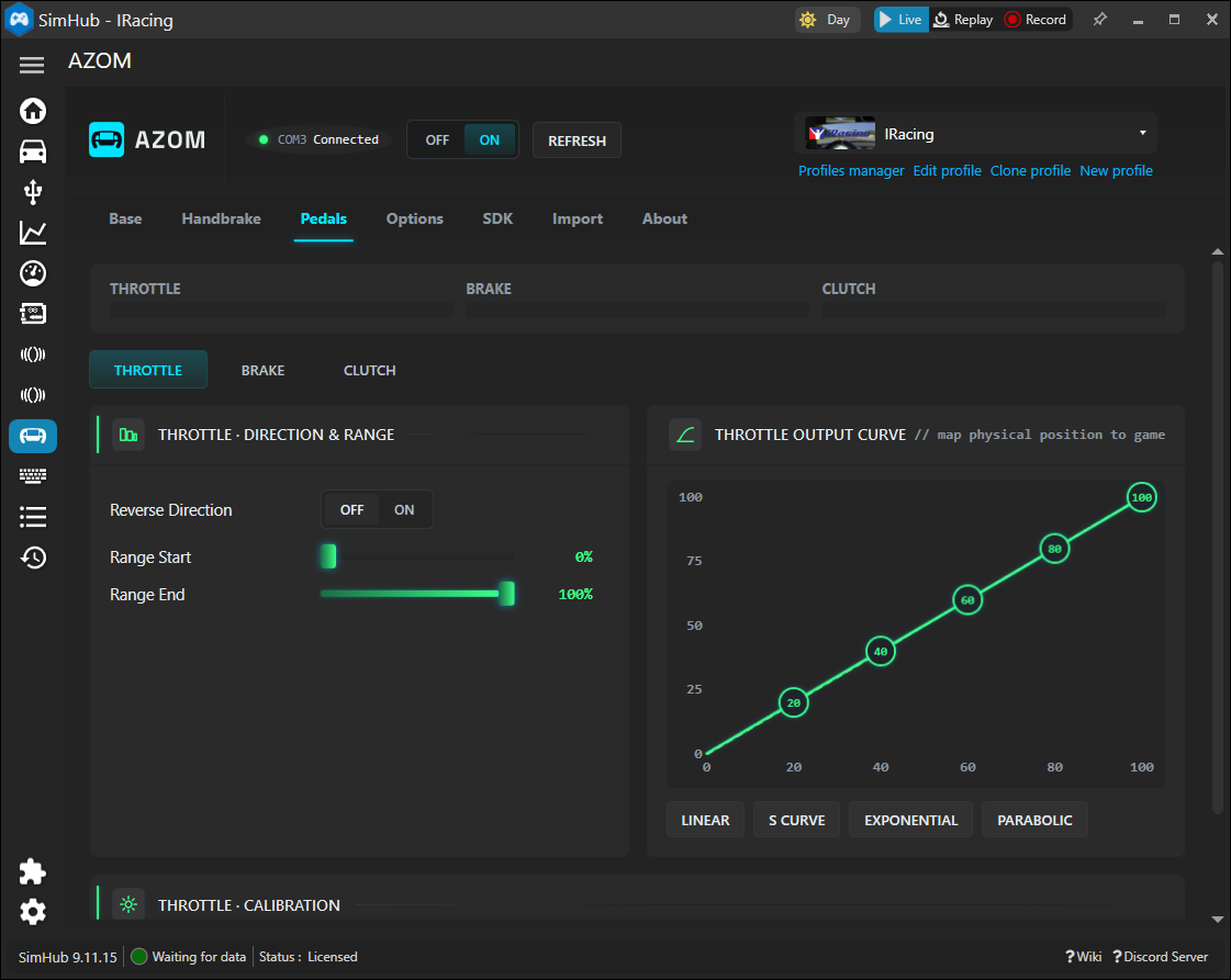 The AZOM Pedals tab showing throttle direction, range and output curve