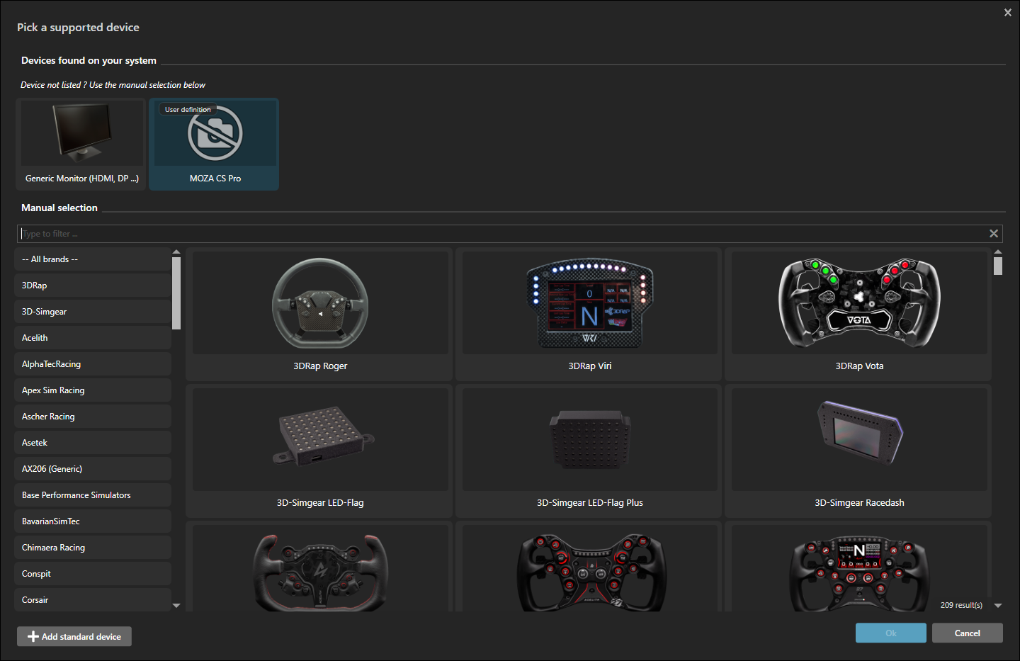 SimHub's device picker with the MOZA CS Pro listed under devices found on your system