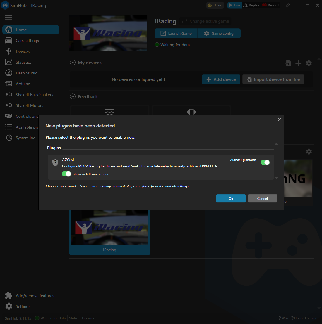SimHub's new-plugin dialog with AZOM toggled on