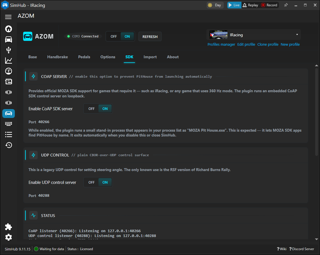 The AZOM SDK tab showing the CoAP server and UDP control settings
