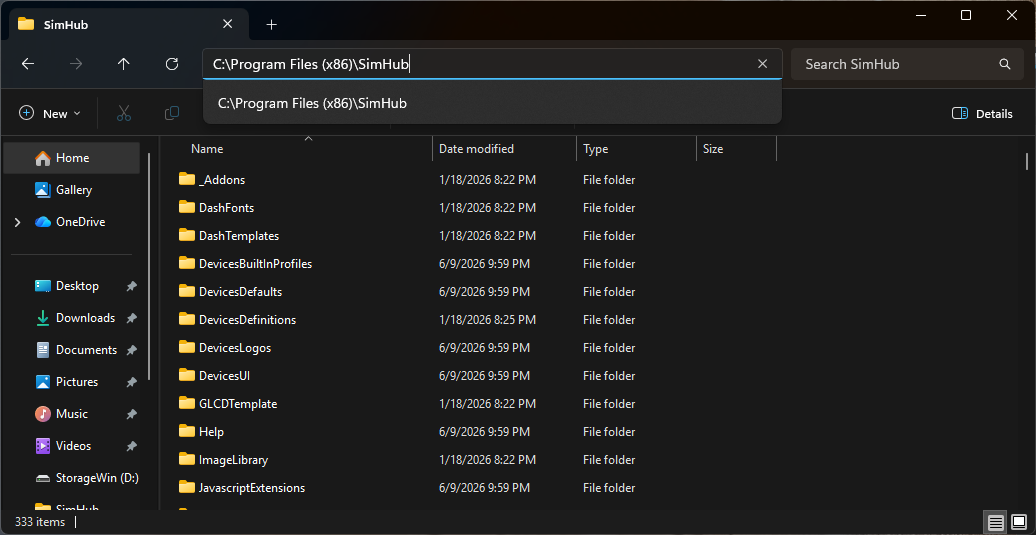 The SimHub program folder in Windows File Explorer