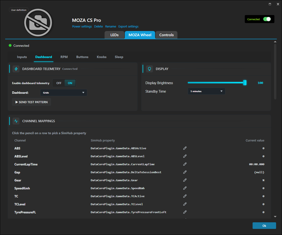 The Dashboard tab showing telemetry toggle, layout picker, display settings and channel mappings