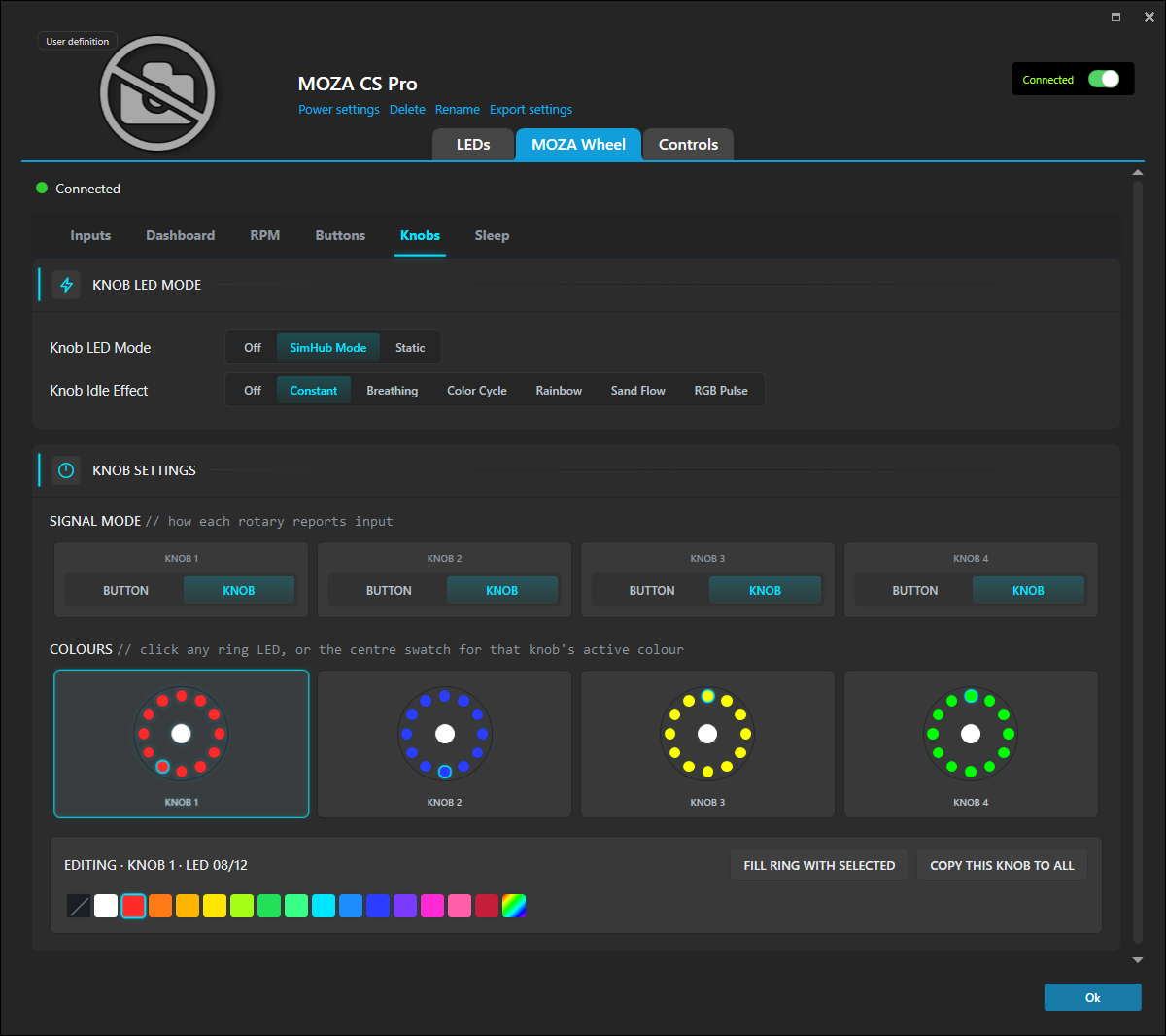 Per-knob colour rings and signal-mode configuration on the wheel