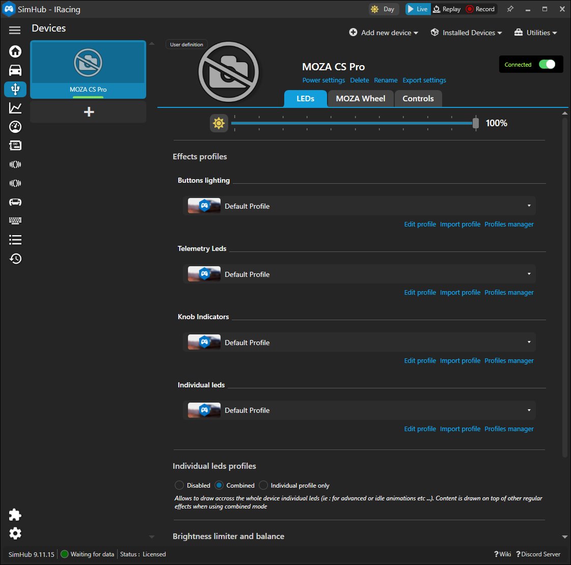 The wheel's LED groups listed as SimHub effects profiles