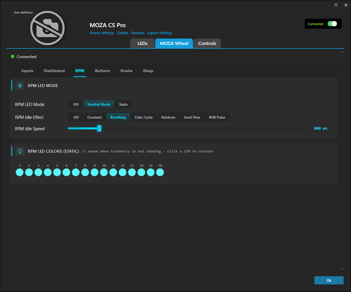 The RPM LED configuration tab with mode, idle effect and static colours